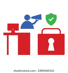 El hombre humano con iconos de la mesa de ordenador alerta de ciberdelitos para proteger el escudo de piratas informáticos que roban datos personales, credenciales bancarias y Diseño gráfico de información