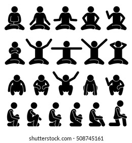 Human Man People Sitting and Squatting on the Floor Poses Postures Stick Figure Stickman Pictogram Icons