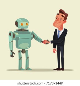 Human man and robot characters make deal and handshake. Vector flat cartoon illustration