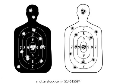 Human Man, Set Shooting Range Target Shot Of Bullet Holes. Vector Illustration