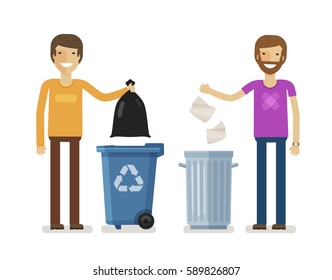 Human, man throws rubbish in garbage bin. Volunteering people, ecology, environment concept. Flat characters vector illustration