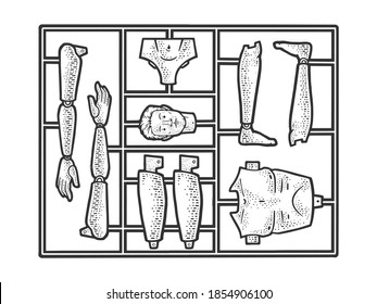 Human man toy Construction set sketch engraving vector illustration. T-shirt apparel print design. Scratch board imitation. Black and white hand drawn image.