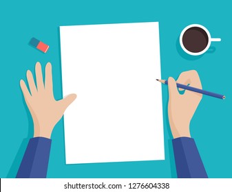 Human (man or woman) writes a message (document or to-do list) in top view - vector template with blank white paper, human hands holding pencil, coffee cup and eraser