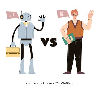 Human man worker VS robot ai vector flat cartoon graphic design illustration
