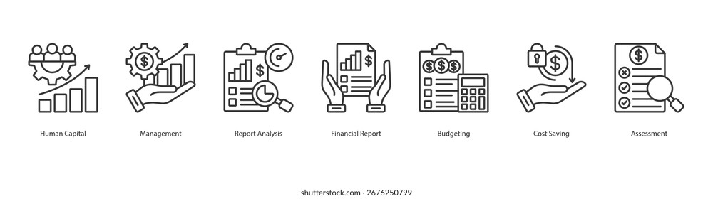 Human Management banner web icon set vector illustration concept with icon of human capital, management, report analysis, financial report, budgeting, cost saving, assessment