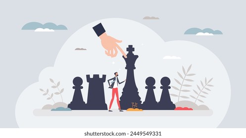 Human management and strong leadership for employees tiny person concept. Social resources organization with recruitment and personnel selection vector illustration. HR labor relationship guidance.