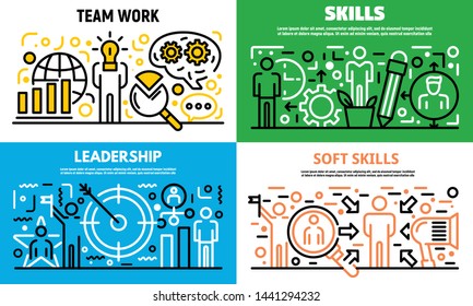 Human managing skills banner set. Outline set of human managing skills vector banner for web design