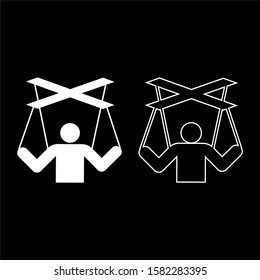Human manipulation concept Puppet stick man manipulating on string Dependence theme Control people Management executive idea icon outline set white color vector illustration flat style image