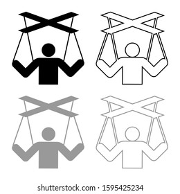 Human manipulation concept Puppet stick man manipulating on string Dependence theme Control people Management executive idea icon outline set black grey color vector illustration flat style image