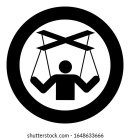 Human manipulation concept Puppet stick man manipulating on string Dependence theme Control people Management executive idea icon in circle round black color vector illustration flat style image