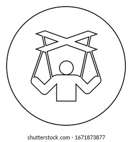 Human manipulation concept Puppet stick man manipulating on string Dependence theme Control people Management executive idea icon in circle round outline black color vector illustration image