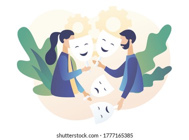 Human masquerade. Masking true feelings. Psychology. Tiny people trying on carnival masks with happy or sad expressions. Modern flat cartoon style. Vector illustration on white background