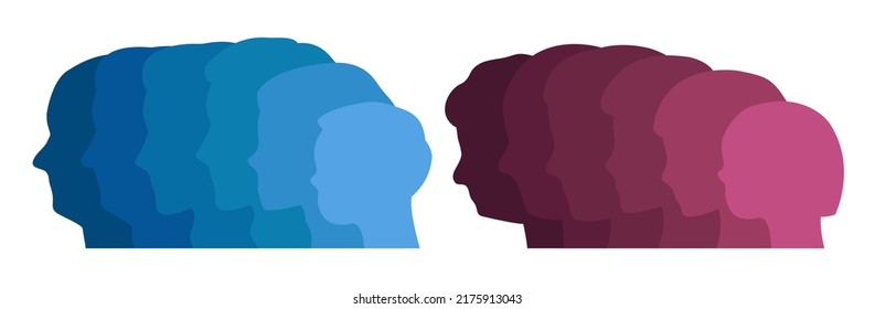 Human maturation. Aging silhouettes of boy and girl, from child to mature. Age changes vector illustration set. Female and male characters aging process, person heads growth periods