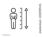 human measures height icon, scale with man, thin line symbol on white background - editable stroke vector illustration