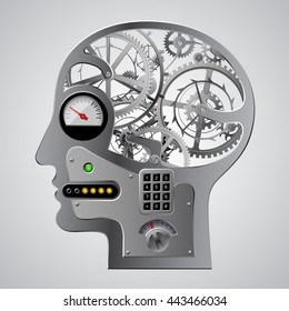 Human mechanical metallic head half face with brain gears and other equipment. Techno symbol and Steampunk style Business concepts. Vector illustration 