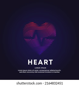 Human Medical Heart Shape With Cardio Pulse Flat Line Art Structure. Vector Logo Heart Care Color Silhouette On A Dark Background. EPS 10