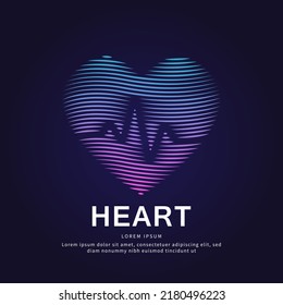 Human Medical Heart Shape With Cardio Pulse Flat Line Art Structure. Vector Logo Heart Care Color Silhouette On A Dark Background- EPS 10