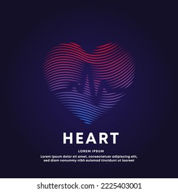 Forma cardiaca médica humana con pulso cardio estructura de arte de línea plana. símbolo creativo del logotipo del vector color del cuidado del corazón sobre un fondo oscuro. EPS 10