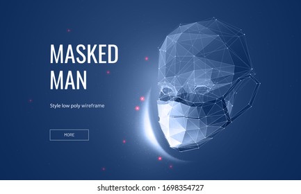 Human in medical protection mask. Low poly wireframe style. Respiratory disease prevention concept.. Polygonal abstract isolated on blue background. Vector illustration