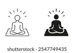 Human Meditate and Relax. Person Sit in Lotus Pose Pictogram. Wellness, Yoga Body Exercise, Fitness Zen Line and Silhouette Icon Set. Editable Stroke. Isolated Vector Illustration.