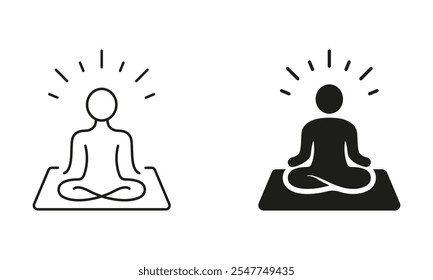 Humano Meditar e Relaxar. Pessoa Senta no Pictograma de Pose de Lótus. Bem-estar, Yoga Exercício de Corpo, Fitness Zen Line e Silhueta Conjunto de Ícones. Traço editável. Ilustração de vetor isolada.