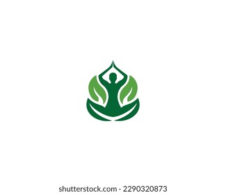 Human Meditation Yoga Logo Design With Leaf Symbol Modern Unique Vector Illustration.