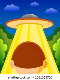 Human meets UFO. Vector illustration. Flat design.