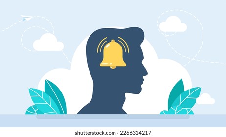 Human memory. Keep thought in head. Remember. Bell in the head. Notification bell icon for incoming inbox message. Ringing bell and notification number sign. Memorize information. Vector illustration