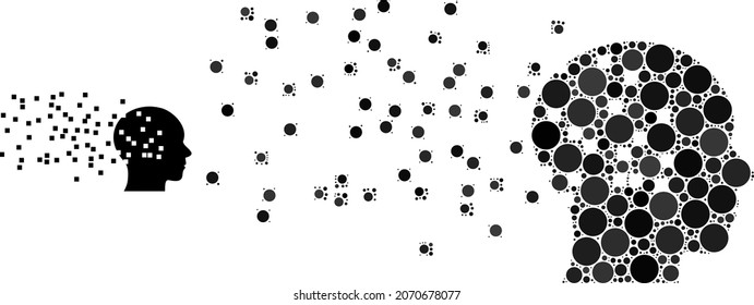 Human memory synthesis vector composition of small circles in various sizes and color hues. Small circles are combined into human memory synthesis vector collage. Abstract vector design concept.