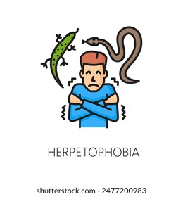 Ansiedad mental humana, problema de psicología, herpetofobia fobia salud delgada línea color icono. Personas psicología, reptiles fobia miedo problema mental línea Vector signo con hombre asustado de lagarto y serpiente