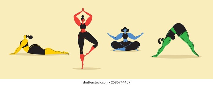 Human mental health. Set with yoga, meditation and mental fullness. Calm female characters in lotus and warrior position. Relaxed women releasing stress and anxiety.