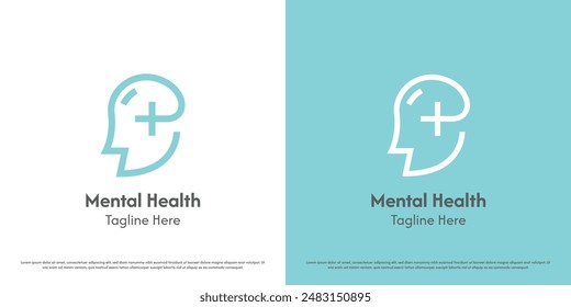 Human mental logo illustration. Line art silhouette of person head plus health care help psychology brain psychiatrist emotional mind knowledge logic medical. Modern minimal simple flat icon symbol.