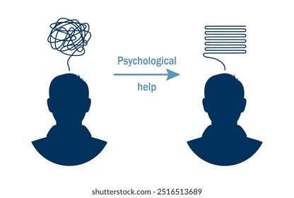 Human mental state before and after psychotherapy. Silhouette portrait of a man. Unravel a ball of thread, unravel the mess of thoughts in the head. Problem solving