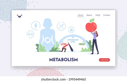 Human Metabolism Landing Page Template. Tiny Character Move Arrow to Increase Metabolic System Level. Young Woman Eat Diet Food for Energy, Digestion and Hormones. Cartoon People Vector Illustration
