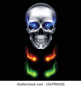 Human Metallic Skull with Blue Flaming Eyes. The Concept of Death, Horror. A Symbol of Spooky Halloween. Isolated Object on a Black Background, Can be Used with any Image