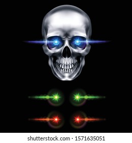 Human Metallic Skull With Blue Glowing Eyes. The Concept Of Death, Horror. A Symbol Of Spooky Halloween. Isolated Object On A Black Background, Can Be Used With Any Image