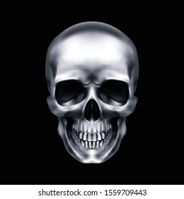 Human Metallic Skull. The Concept of Death, Horror. A Symbol of Spooky Halloween. Isolated Object on a Black Background, Can be Used with any Image