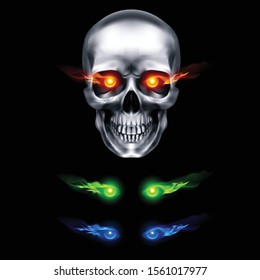 Human Metallic Skull with Flaming Eyes. The Concept of Death, Horror. A Symbol of Spooky Halloween. Isolated Object on a Black Background, Can be Used with any Image