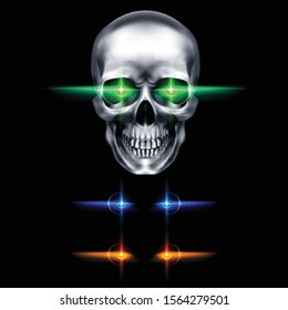 Human Metallic Skull With Green Glowing Eyes. The Concept Of Death, Horror. A Symbol Of Spooky Halloween. Isolated Object On A Black Background, Can Be Used With Any Image