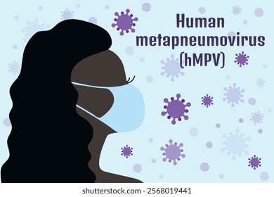 Human metapneumovirus globe outbreak. African Woman in blue medical masks. Protection against HMPV virus spread in the world. Female head silhouette wearing face mask to prevent viral infections