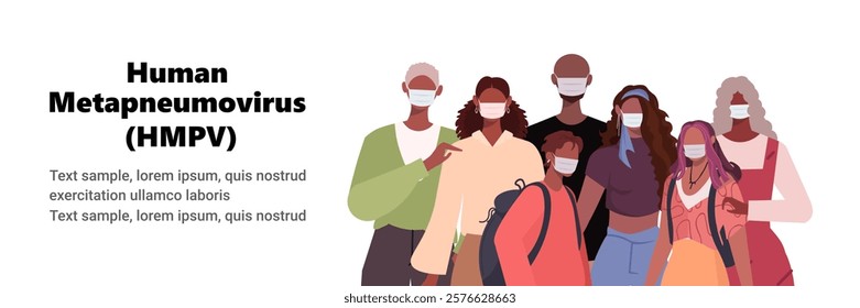 Human metapneumovirus (HMPV). African American family with children, mother, father, grandfather and grandmother wear Medical Masks. Virus and disease prevention. Vector illustration. Not AI generated