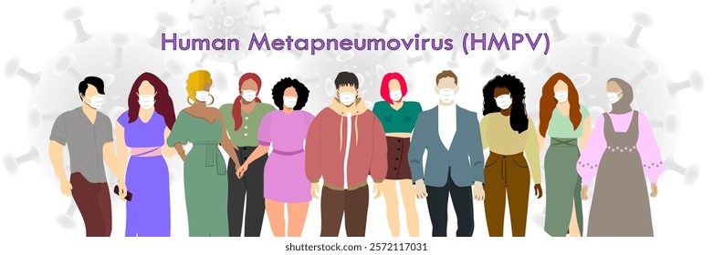 Human metapneumovirus or HMPV. A group of people in protective medical masks. Concept responsibility, health awareness, and unity in fighting the pandemic. Vector illustration. Not AI generated 