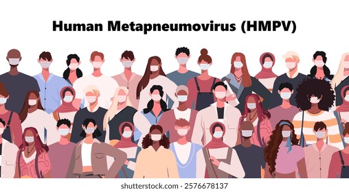 Human metapneumovirus (HMPV). Group of people wearing medical masks to prevent disease, flu, virus, air pollution. Medical health concept. Vector illustration. Not AI generated