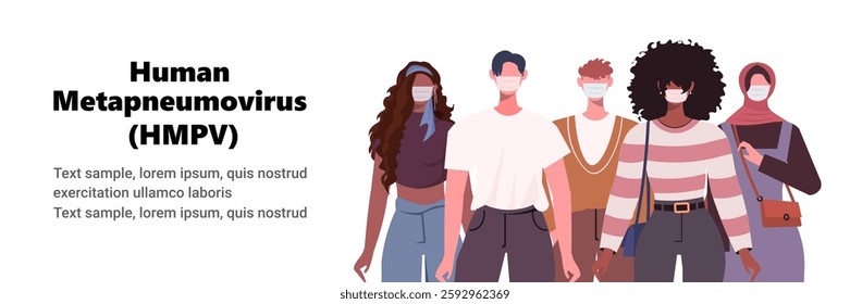 Human metapneumovirus (HMPV). Men and women wearing protection from virus  and respiratory disease. Vector illustration. Not AI generated