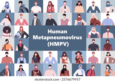  Human metapneumovirus (HMPV) pandemic concept. Set of portraits people in medical mask in collage mosaic collection. Video call conference, working from home, social distancing. Persons avatars. 