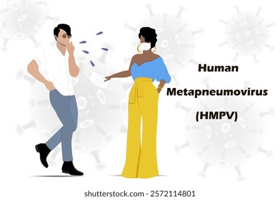 Human metapneumovirus HMPV. Woman wearing a medical mask hands a man a disposable mask, encouraging him to take precautions during the pandemic to prevent the spread of the virus. Not AI generated