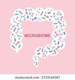 Human microbiome with intestine and bacteria. Gastroenterologist. Bifidobacteria, lactobacilli. Lactic acid bacteria. Illustration in flat design.