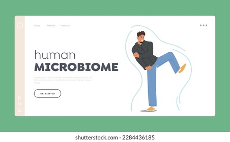 Human Microbiome Landing Page Template. Robust Immunity Shield Surrounds A Man, Protecting Him From External Threats. Male Character with Good Health. Cartoon People Vector Illustration