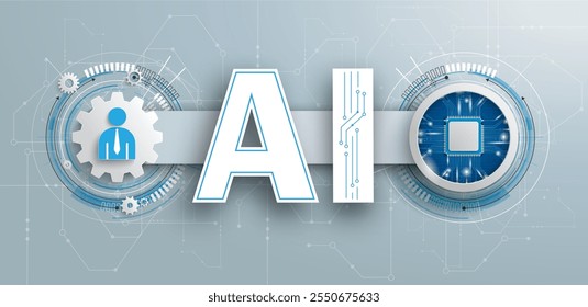 Humano con un microchip y esquemático electrónico con Anuncio en el fondo gris. Archivo de Vector Eps 10.