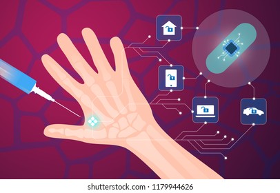 Human microchip implant in hand. NFC implant. Implanted RFID transponder. Vector illustration